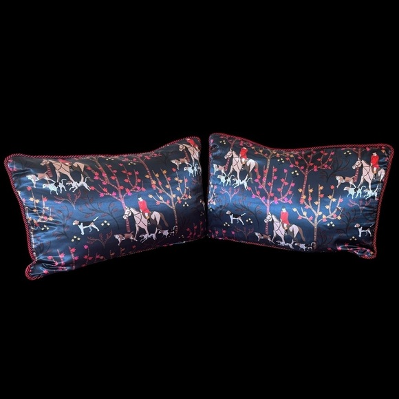 Dark Navy and Maroon Fox Hunting Horse Print Pillows with Maroon Cording - Picture 6 of 11